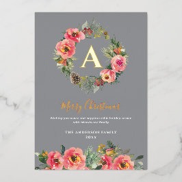Monogram Gray Floral Botanical Wreath Christmas 箔シーズンカード