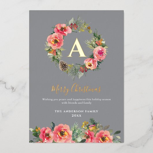 Monogram Gray Floral Botanical Wreath Christmas 箔シーズンカード (正面)