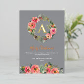 Monogram Gray Floral Botanical Wreath Christmas 箔シーズンカード (立ち正面)