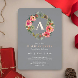 Monogram Gray Wreath Botanical Christmas Party  箔シーズンカード