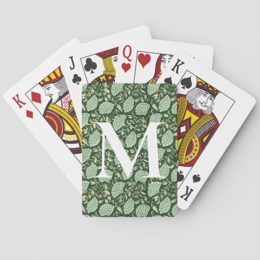 Monogram Green Floral Block Print Playing Cards トランプ (裏面)