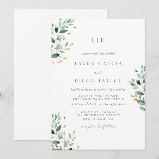 Monogram Greenery  Elegant  Wedding 招待状 (正面/裏面)
