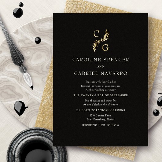 Monogram Greenery Laurel Wedding 箔招待状