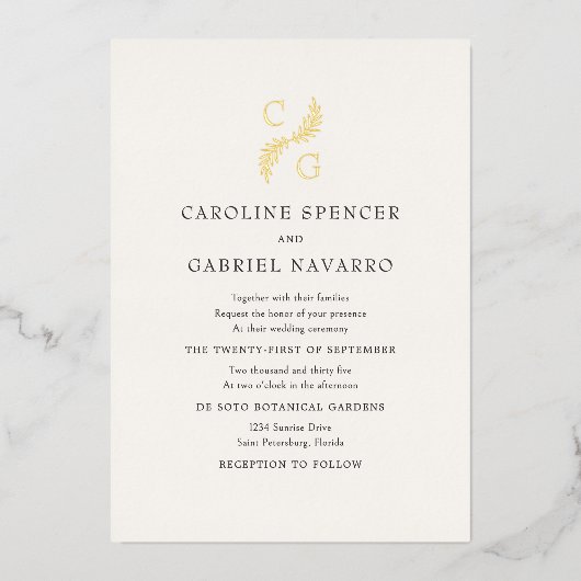 Monogram Greenery Laurel Wedding 箔招待状 (正面)