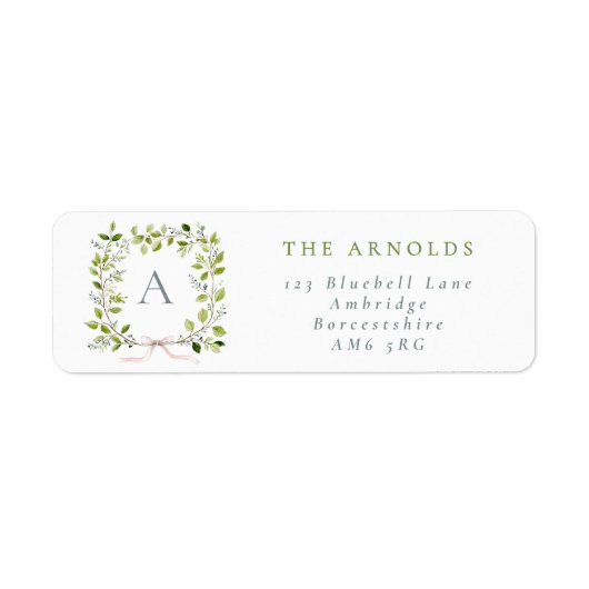 Monogram Greenery Wreath & Bow Return Address ラベル (正面)