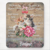 Monogram Grunge wood Cute cats Chic floral French マウスパッド (正面)