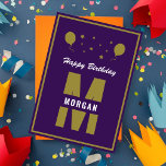 Monogram Happy Birthday Any Age Purple White Gold カード<br><div class="desc">A cool and awesome monogram design for family and friends to wish someone special and unique a Happy Birthday. The typography text of the stars and balloons design is customizable and can be personalized with your own custom message. You can change the font, font color, font size, letter spacing and...</div>