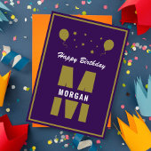 Monogram Happy Birthday Any Age Purple White Gold カード