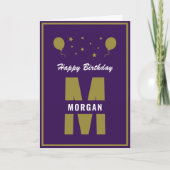Monogram Happy Birthday Any Age Purple White Gold カード (正面)