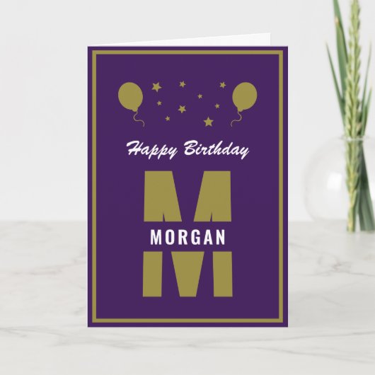Monogram Happy Birthday Any Age Purple White Gold カード (正面)