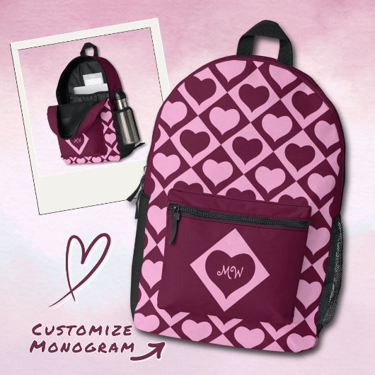 Monogram Heart Checkerboard Pattern Bordeaux Pink  プリントバックパック