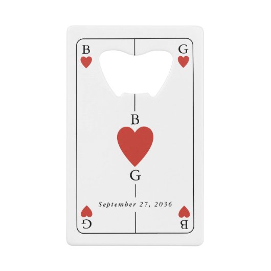 Monogram Hearts Playing Card Wedding Bar Bottle クレジットカード栓抜き (正面)