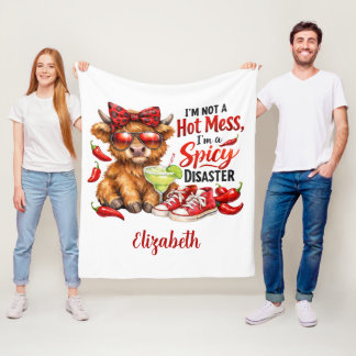 Monogram Highland Cow Hot Mess Funny Humorous  フリースブランケット