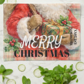 Monogram Ho ho ho Merry Christmas Santa red キッチンタオル (折り畳み)