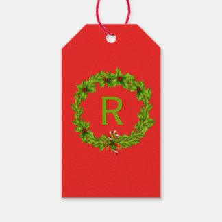 Monogram Holly Berry Wreath Personalized Initial ギフトタグ