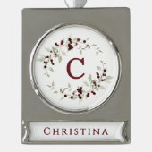 Monogram Holly Leaf Wreath and Name シルバープレートバナーオーナメント (正面)