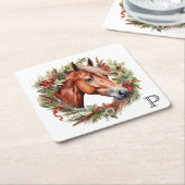 Monogram Horse Christmas Holiday Wreath スクエアペーパーコースター (アングル)