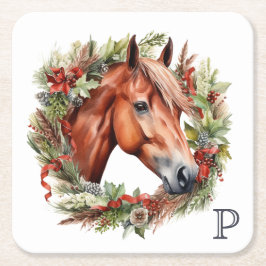 Monogram Horse Christmas Holiday Wreath スクエアペーパーコースター