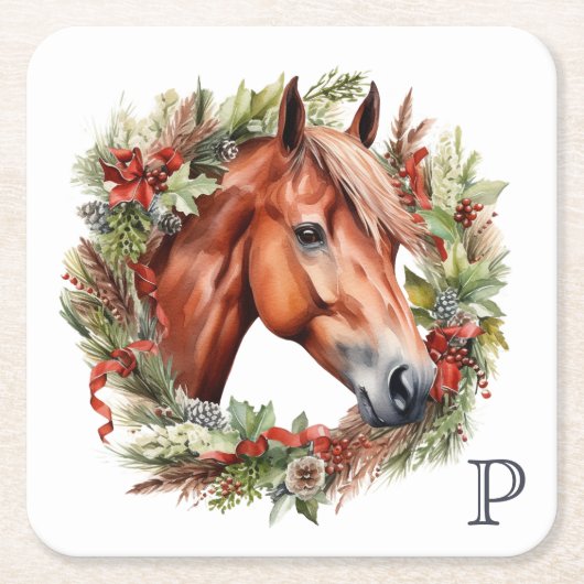 Monogram Horse Christmas Holiday Wreath スクエアペーパーコースター (正面)