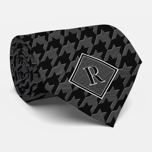 Monogram Houndstooth Pattern Black & Grey Wood ネクタイ (ロール)