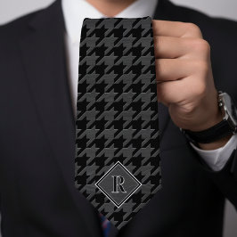 Monogram Houndstooth Pattern Black & Grey Wood ネクタイ