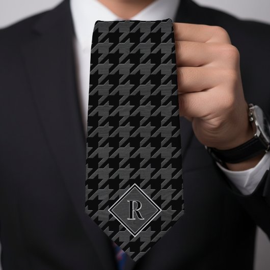 Monogram Houndstooth Pattern Black & Grey Wood ネクタイ
