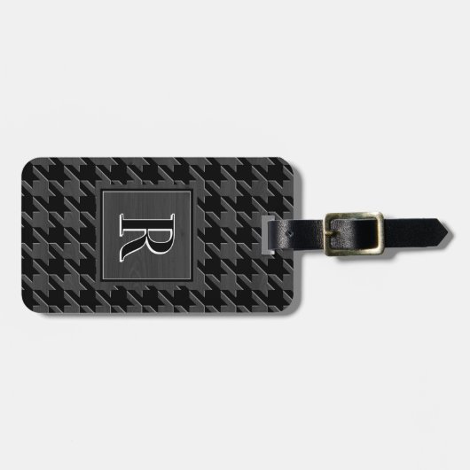 Monogram Houndstooth Pattern Black & Grey Wood ラゲッジタグ (正面横)
