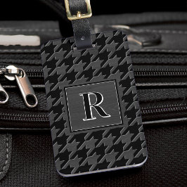 Monogram Houndstooth Pattern Black & Grey Wood ラゲッジタグ