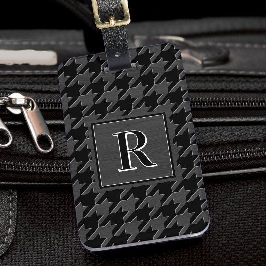 Monogram Houndstooth Pattern Black & Grey Wood ラゲッジタグ