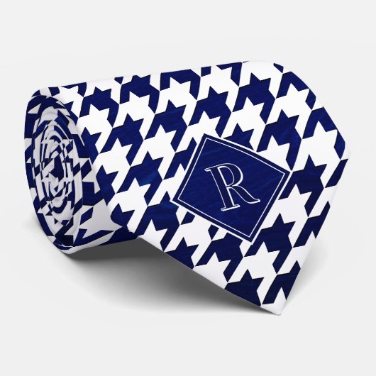 Monogram Houndstooth Pattern White & Blue Wood ネクタイ (ロール)