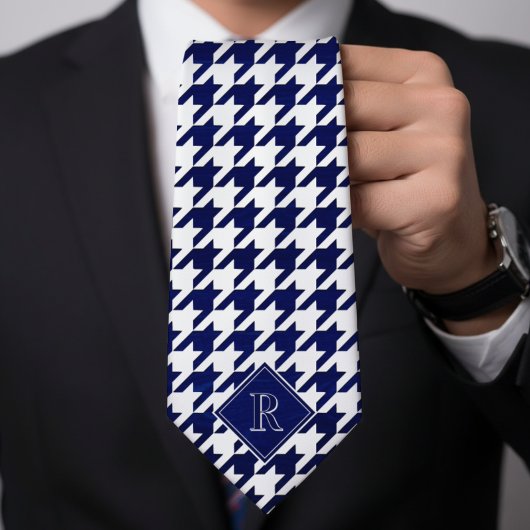Monogram Houndstooth Pattern White & Blue Wood ネクタイ