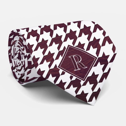 Monogram Houndstooth Pattern White & Burgundy Wood ネクタイ (ロール)