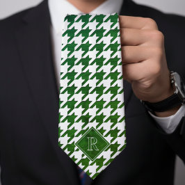 Monogram Houndstooth Pattern White & Green Wood ネクタイ