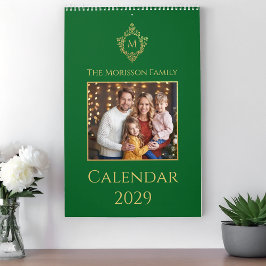 Monogram in Crest Green Gold Family Photo Elegant  カレンダー