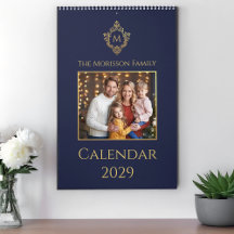 Monogram in Crest Navy & Gold Elegant Family Photo