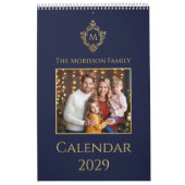 Monogram in Crest Navy & Gold Elegant Family Photo カレンダー (カバー)
