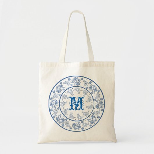 Monogram Indigo Blue Floral Border Tote Bag トートバッグ (正面)