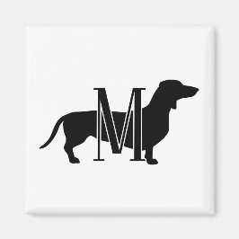 Monogram Initial Black & White Doxie Silhouette  マグネット