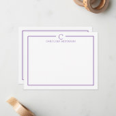 Monogram Initial Casual Purple Border Stationery ノートカード (正面/裏面インサイチュ)