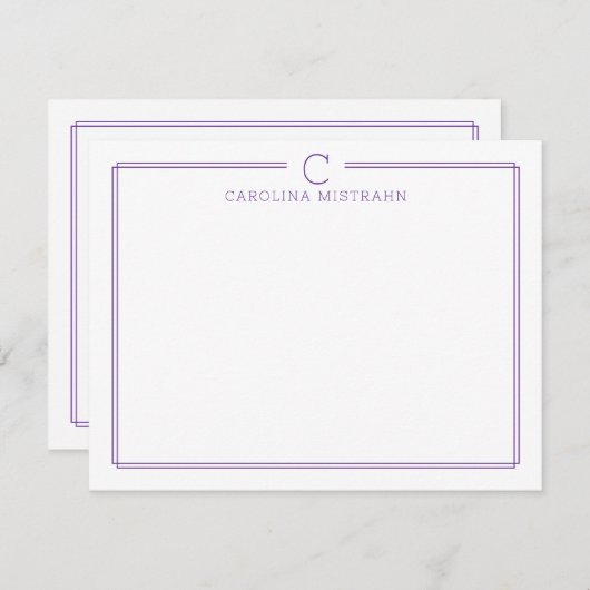 Monogram Initial Casual Purple Border Stationery ノートカード (正面/裏面)