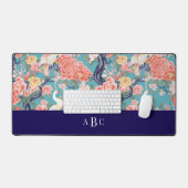 Monogram Initial Chinoiserie Floral Egret  デスクマット (キーボード&マウス)