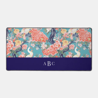 Monogram Initial Chinoiserie Floral Egret  デスクマット