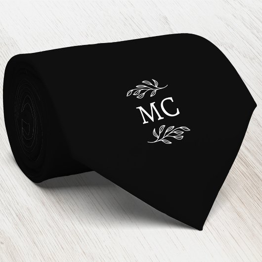 Monogram Initial Crest Botanical Leaf Black ネクタイ