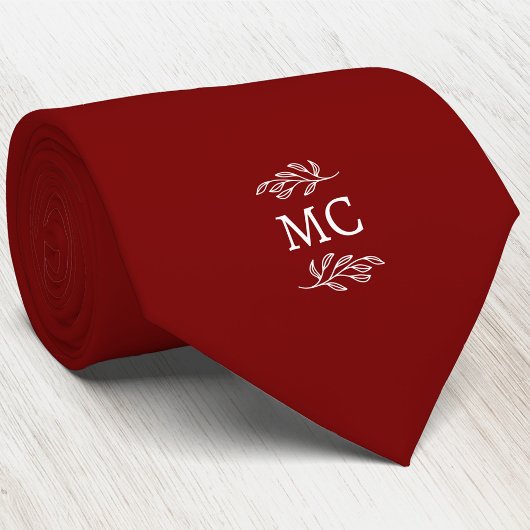 Monogram Initial Crest Botanical Leaf Burgundy Red ネクタイ