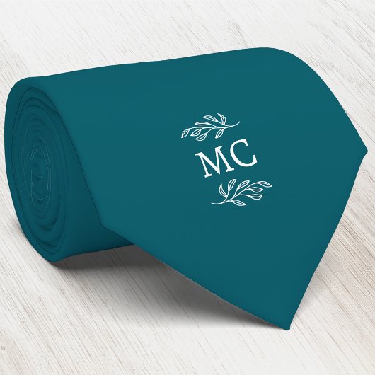 Monogram Initial Crest Botanical Leaf Teal Green ネクタイ