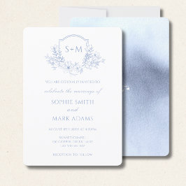Monogram Initial Crest Dusty Blue Floral Wedding 招待状