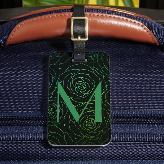 Monogram Initial Dark Floral Rose Green Blue ラゲッジタグ (正面インサイチュ2)