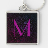 Monogram Initial Dark Floral Rose Magenta Purple キーホルダー (正面)