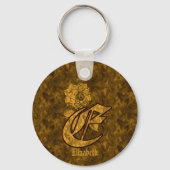 Monogram Initial E Gold Peony Personalized  キーホルダー (正面)