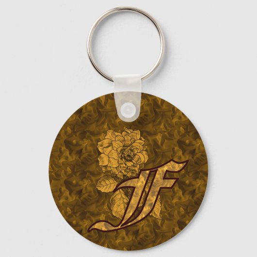 Monogram Initial F Gold Peony Flower  キーホルダー (正面)